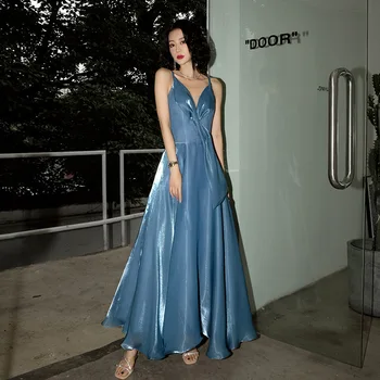 Stylish Party Dress Summer V-neck Halter Style Blue Ball Gown Elegant Women Dresses