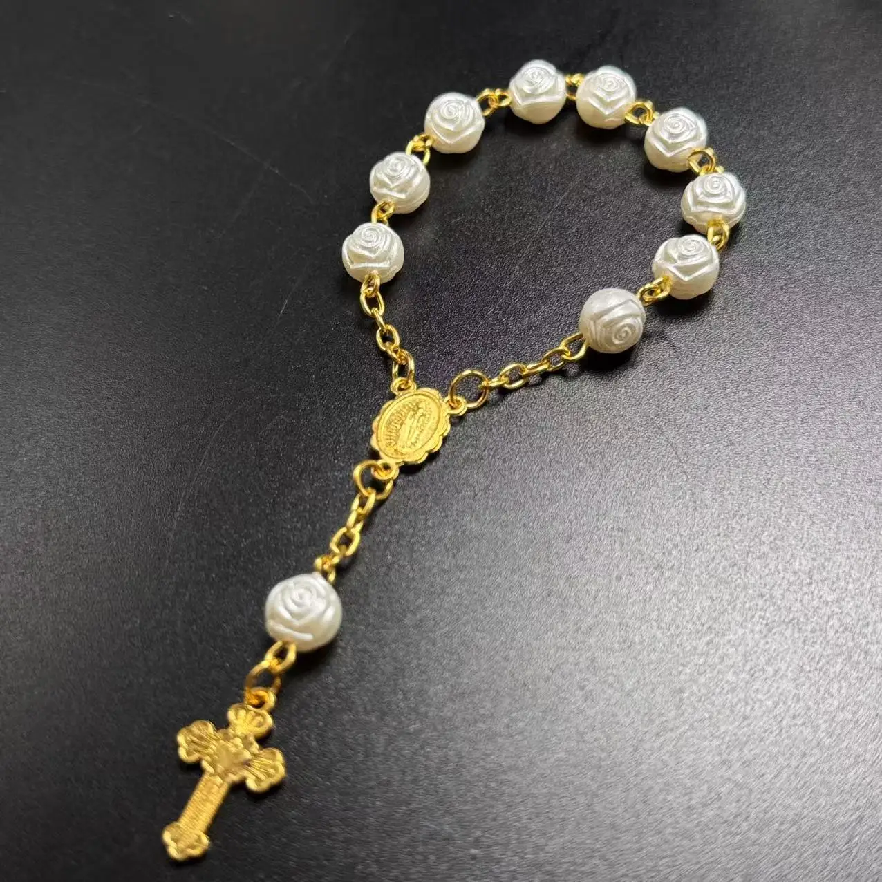 ABS Pearl Rose Bead Rosary Charm Bracelet for Newborn Baby