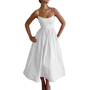 Custom High Quality Women's Midi Off-the-Shoulder Empire Waist Sleeveless Office Lady Casual Elegant Summer Spring Dress