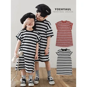 YOEHYAUL LX0178 Short Sleeve Casual Girl Striped Child Dress Girls White and Black Striped Red Dresses for Baby Girls
