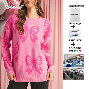 Wholesale Casual Long Sleeve Jumper Pullover Jacquard Cute Valentine Day Knitted pink All Over Bow Sweater Women