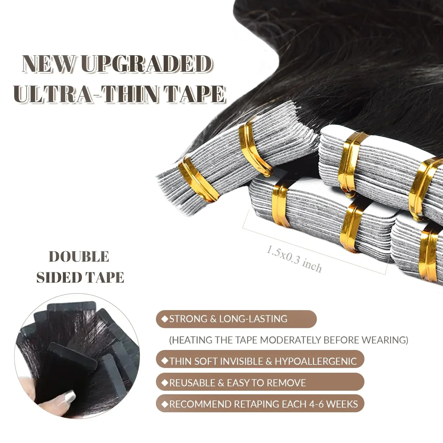 Extensii de păr Remy natural, cu bandă adezivă, ondulate fără sudură, pentru femei_voghion.com