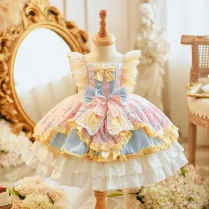 High Quality Eco-friendly Pinkish Yellow Lolita Style Princess Dress for Children Sleeveless Knee-Length Floral Printed Birthday