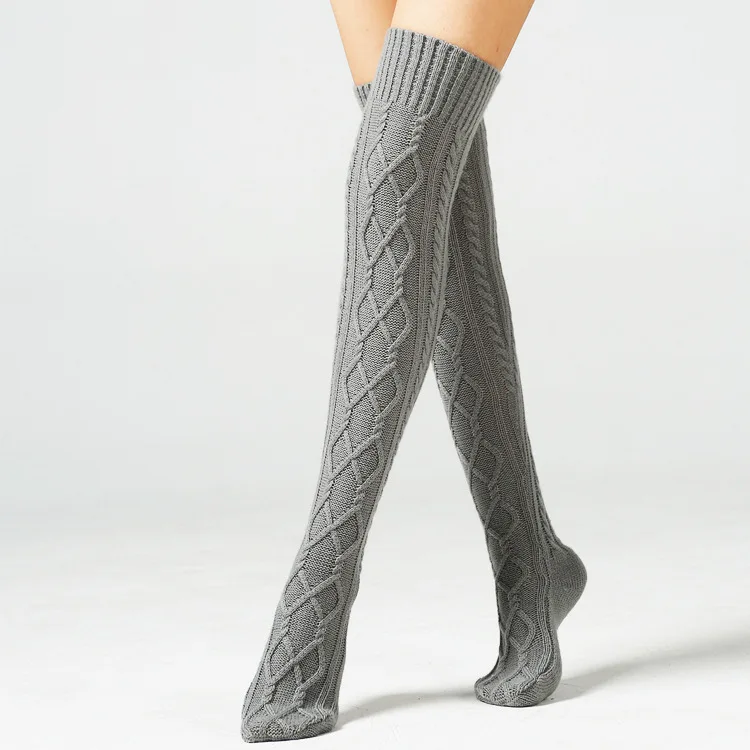 Women Winter Warm Cable Knitted Socks Ribbed Knee High Long Boot Thigh Stockings