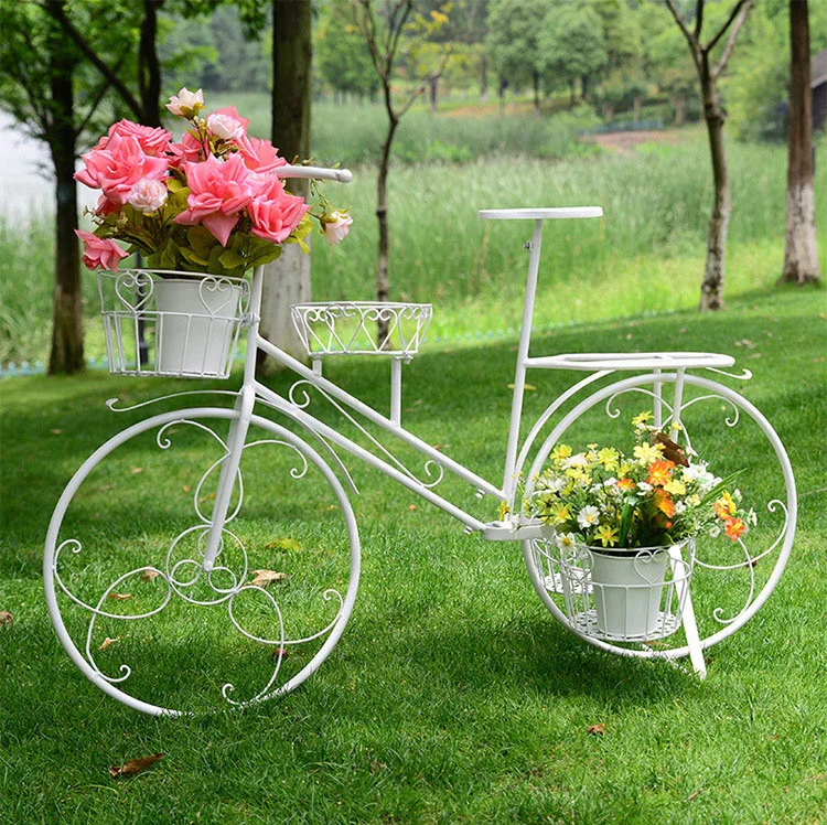 Bike Flower Pot White Garden Planter Decorative Metal Wedding Bicycle 