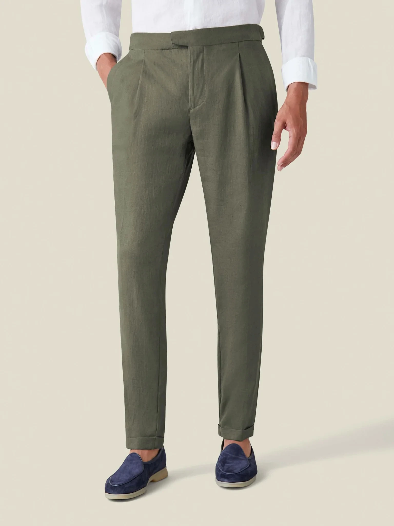 Solid Color Olive Green 100% Linen Men's Suit