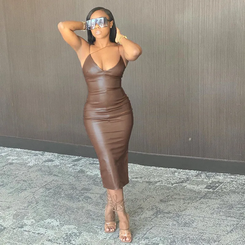 Dress Strǎp Knee Length Elegant pu Leather Dress Female Party Dress  Nightclub Sexy Dress Fashion Brown Split Bodycon Dress Womens Dresses  Hyococ (Color : Black, Size : S.) : : Clothing, Shoes