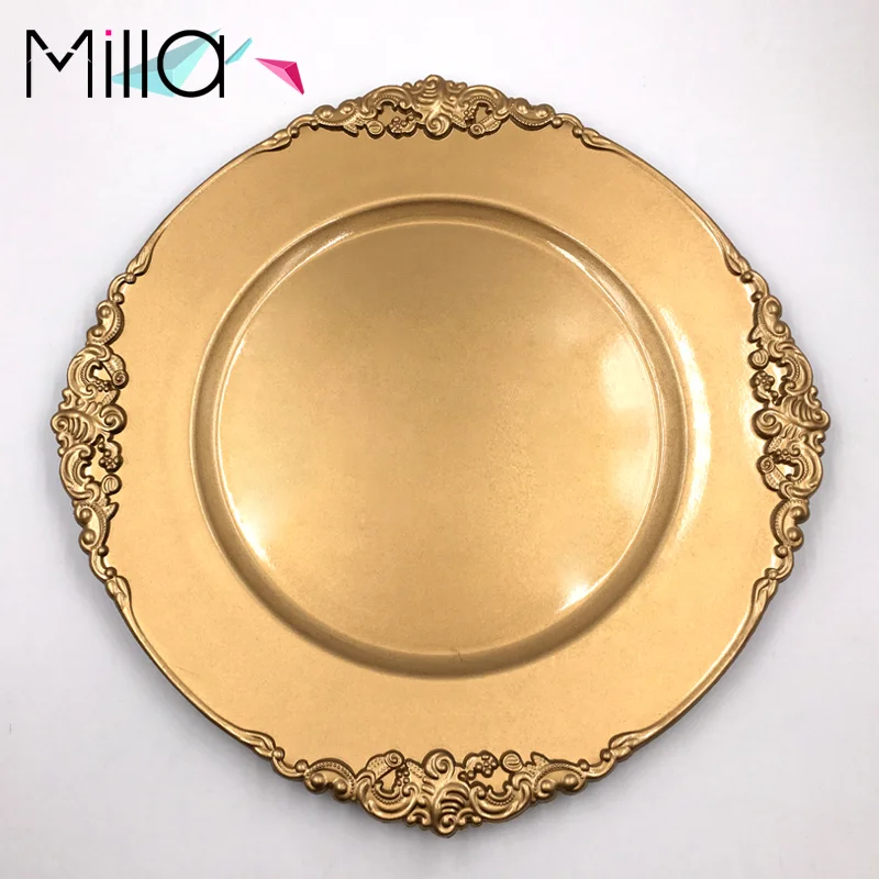 White Gold Disposable Eco-Friendly Plastic Dinner Dishes Plates with Vintage Edge Design Handpainted for Restaurants