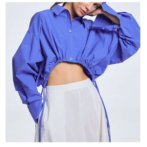 Wholesale Fashion Autumn Fall Elegant Cropped Drawstring Cotton Shirts Tops Women Blouse