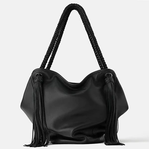 Custom Leather Black Ladies Tote Bag Shoulder Shopper Fringe Tassel Handbag Purse for Women