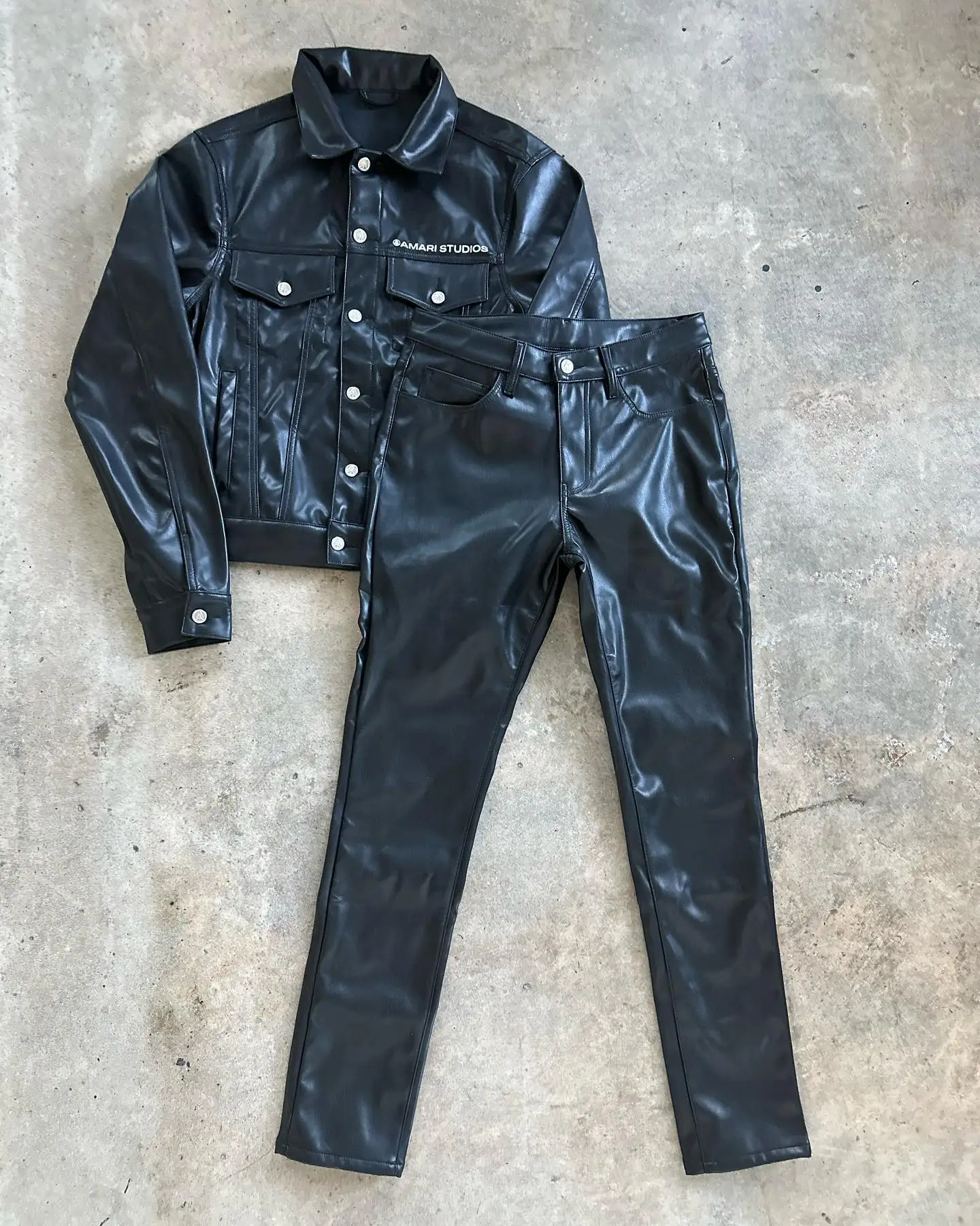 Custom Men Embroidered Button Black Motorcycle Leather Suits Plus Size Jacket Shirt and Pu Stacked Flare Pants Set Tracksuit Men gallery 7