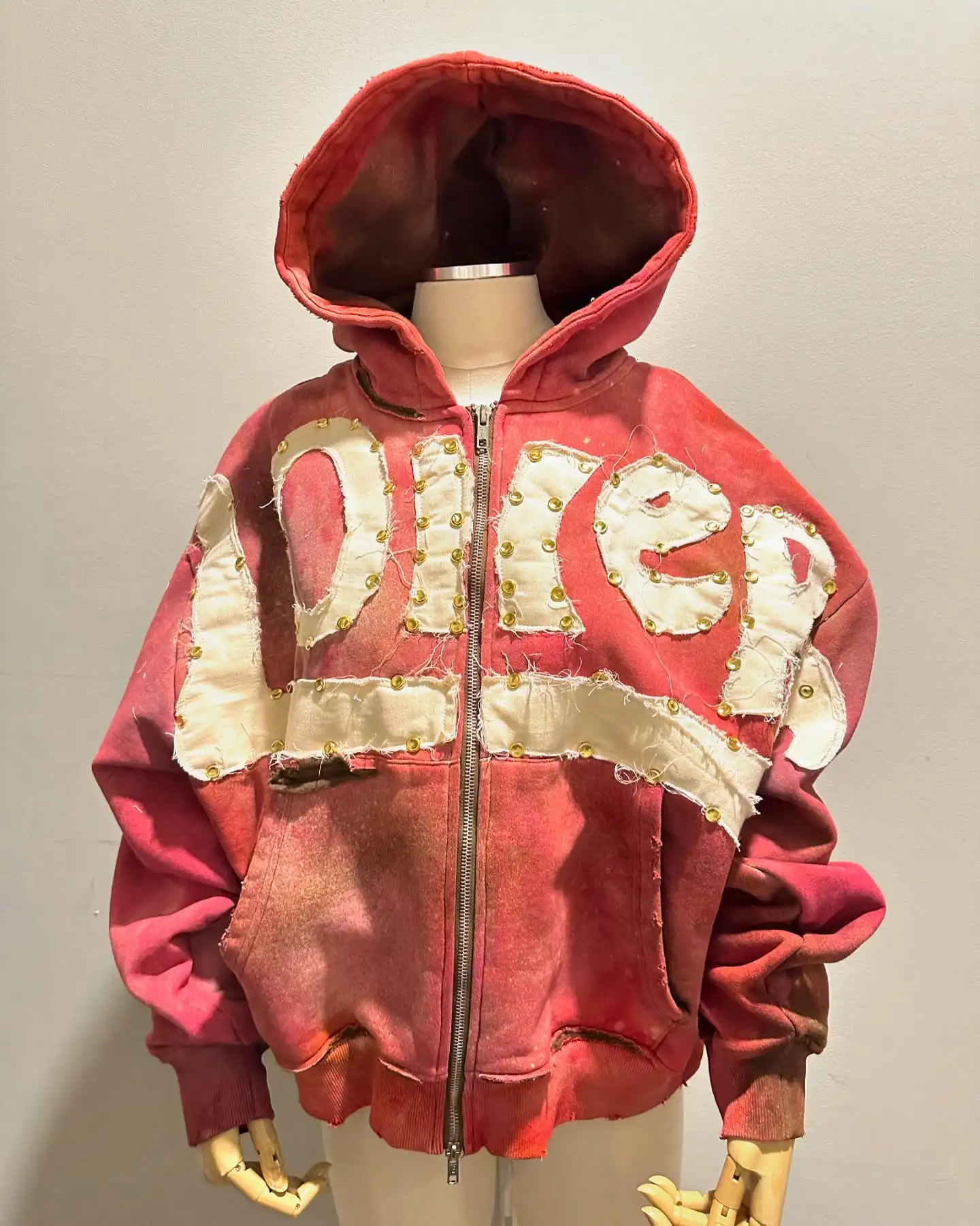 Custom Unisex Hooded Sweatshirt Cotton French Terry Ripped Faded Boxy Zip up Distressed Vintage Acid Wash Rhinestone Hoodies Men