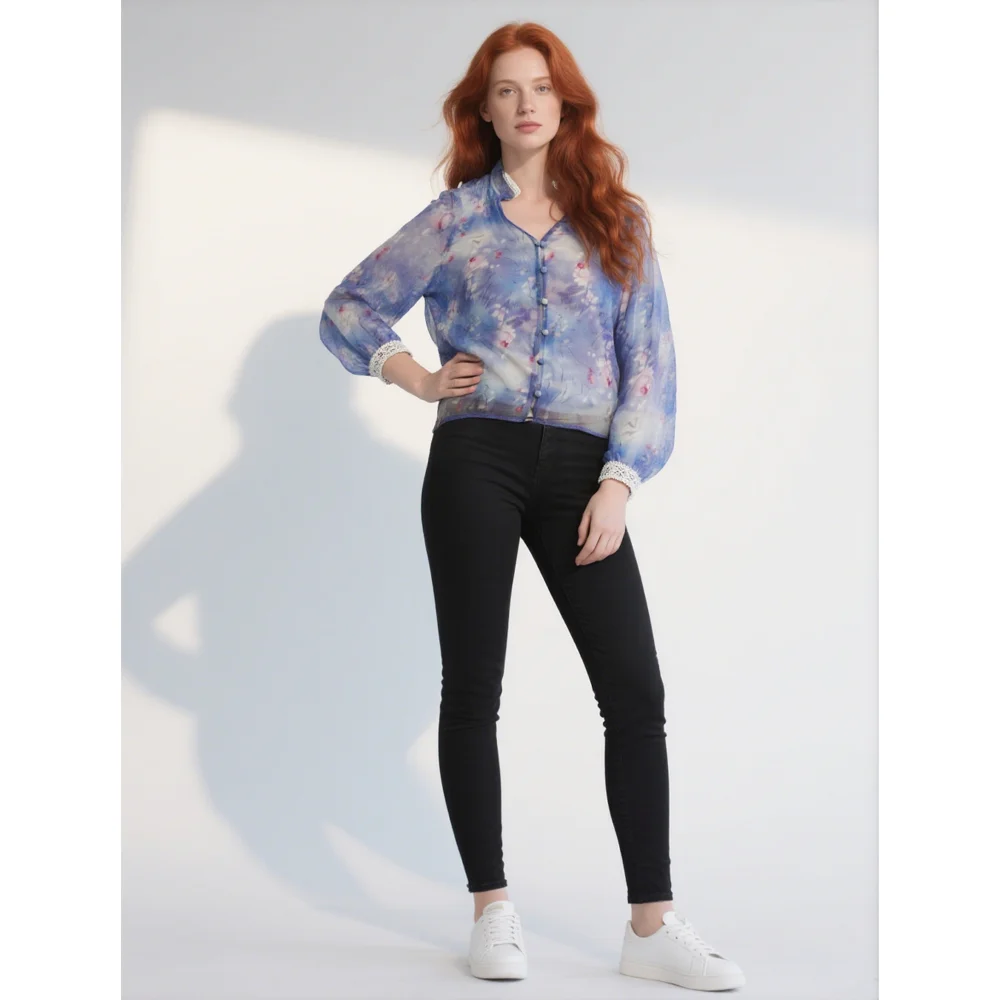 2025 Panas Anyar Pikeun Awewe Anggun Model Longgar Sederhana Tie-Dye Printing Diobor V-Neck Printed Long Casual Shirt