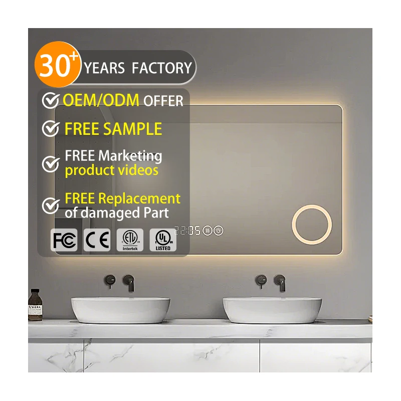 Anti-Fog Espejo Decorativos De Lujo Horizontal Rectangle Led Bath Grand Mural Smart Led Demist Miroir with Magnifier