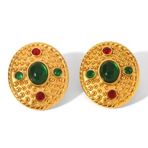 MW Wholesale Geometric Jewelry Stainless Steel Waterproof Green Red Stone Pave Colorful Zircon Round Stud Earrings for Women