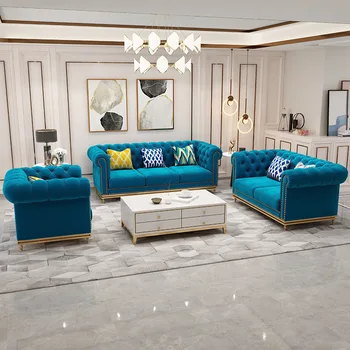European Style fabric modern modular living room Velvet Chesterfield Green Sofa Set