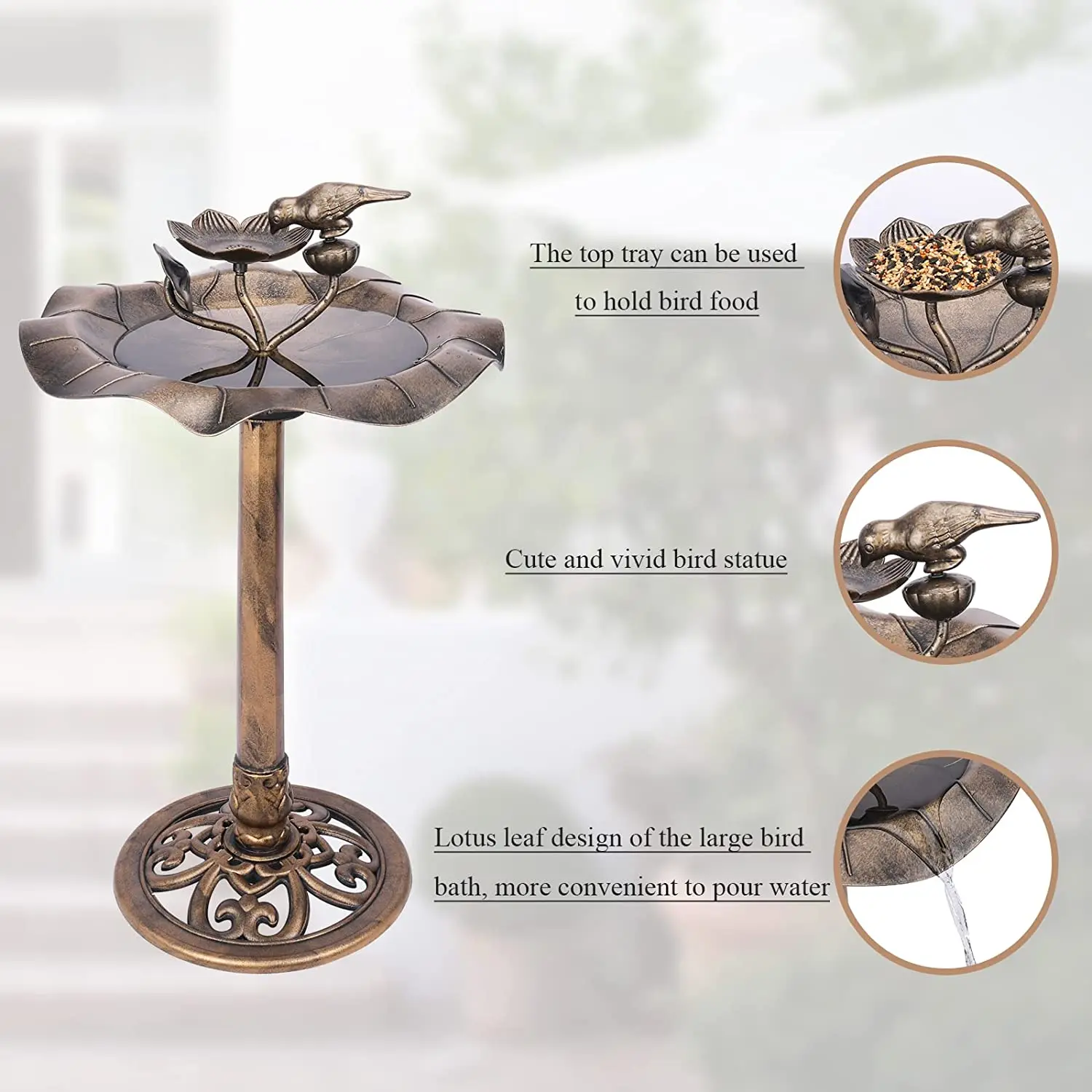 34 Inch Polyresin Birdbaths Lightweight Antique Outdoor Garden Bird