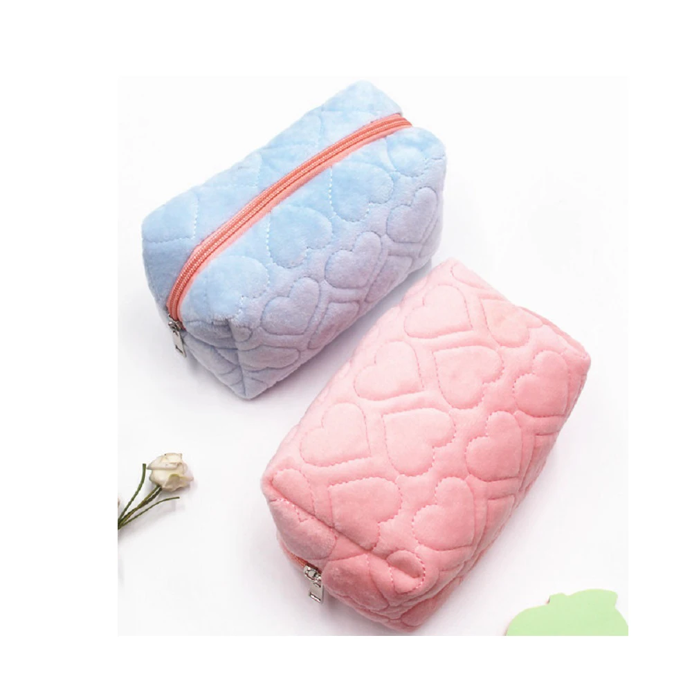 Ladies Winter Mini Cute Heart Pattern Fluffy Cosmetic Bag Women