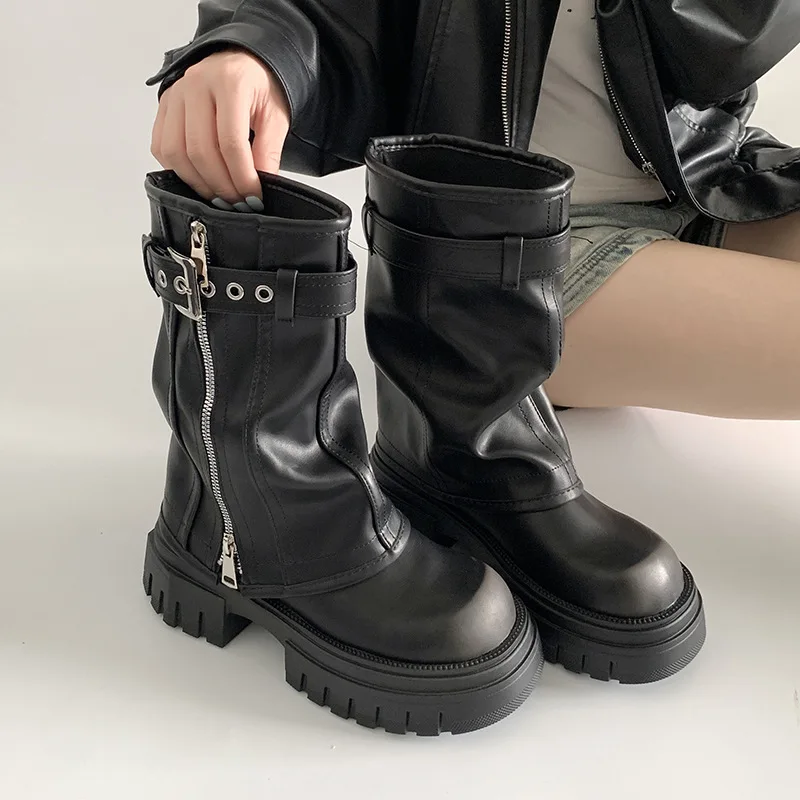 Fashion Thick Sole Widen Shaft Black Short Boots Double Zippers Distressed Black Women Western Mid-calf Boots - Image 5
