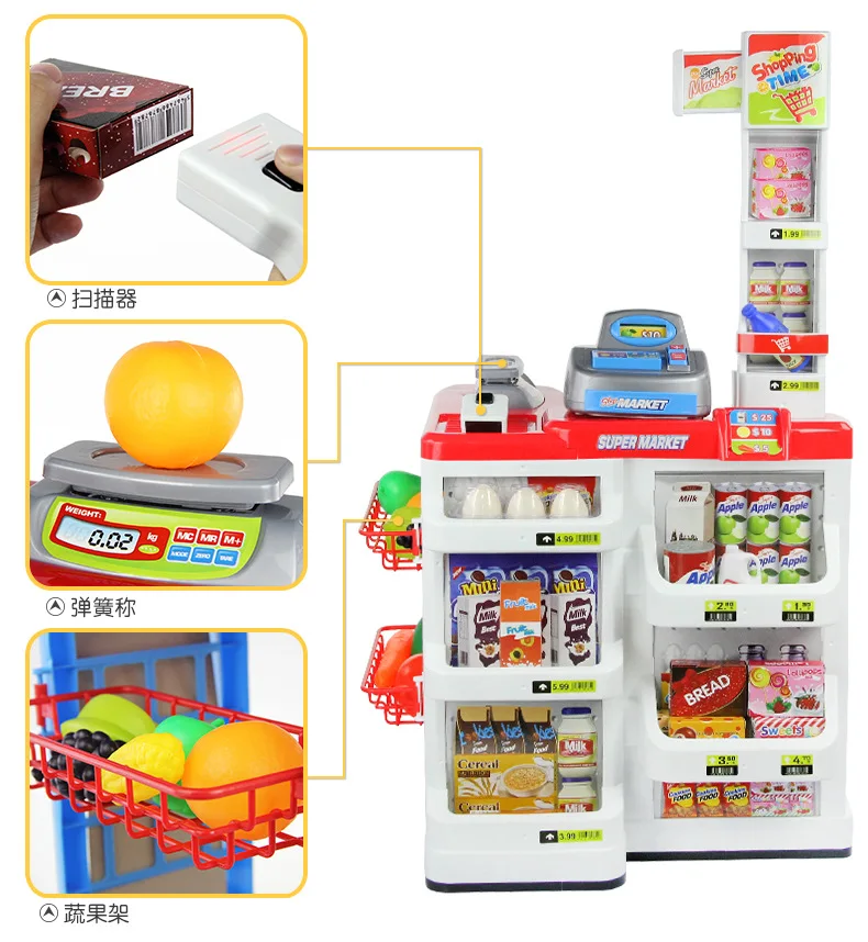 Kids Supermarket Pretend Play Set Grocery Shop Toy W/ Cash Register Food Scanner 