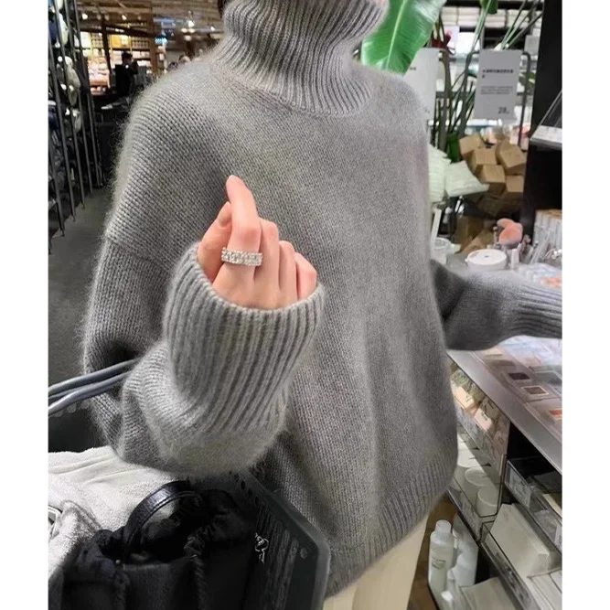 Women's Turtleneck Outerwear Sweater Long Sleeve Autumn/Winter Simple Soft Inner Base Knitwear with Front Logo Cardigan