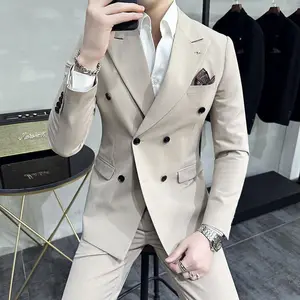 Autumn Winter Business Casual Suit Men's Slim-fit Handsome Double-breasted Viscose/Polyester Breathable Garment Dyed V-neck