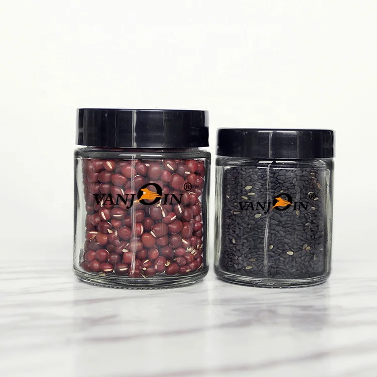 Eco-friendly flint cookie candy honey food glass storage jar with airtight black screw cap