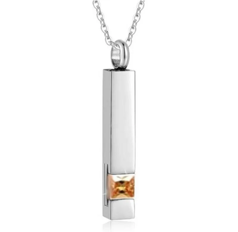 Unisex Stainless Steel Vertical Cubic Bar Container Urn Memorial Pendant Necklace Keepsake 12 color Crystal Cremation Jewelry