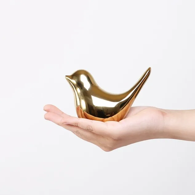 Nordic Morden Simply Style Gild Ceramic Bird Statue Figurine Porcelain Golden Birds Wall Decor