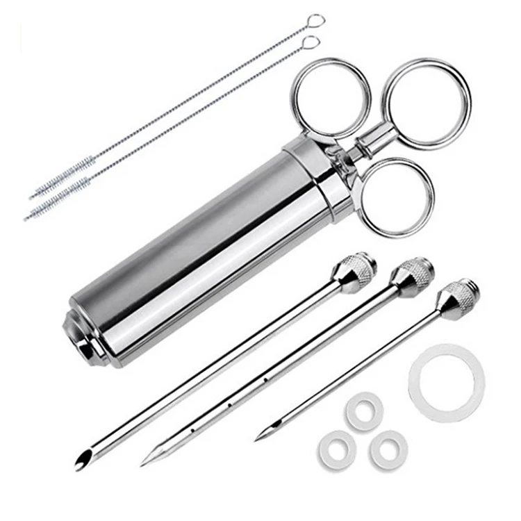 Heavy Duty Stainless Steel Meat Injector Syringe 2 Oz with 3 Needles 3 Cleaning Brushes & Spare O Rings
