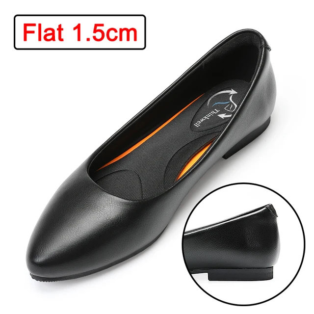 New style Female chunky low middle heel pointed toe pumps ladies comfortable work black leather women's casual flat shoes