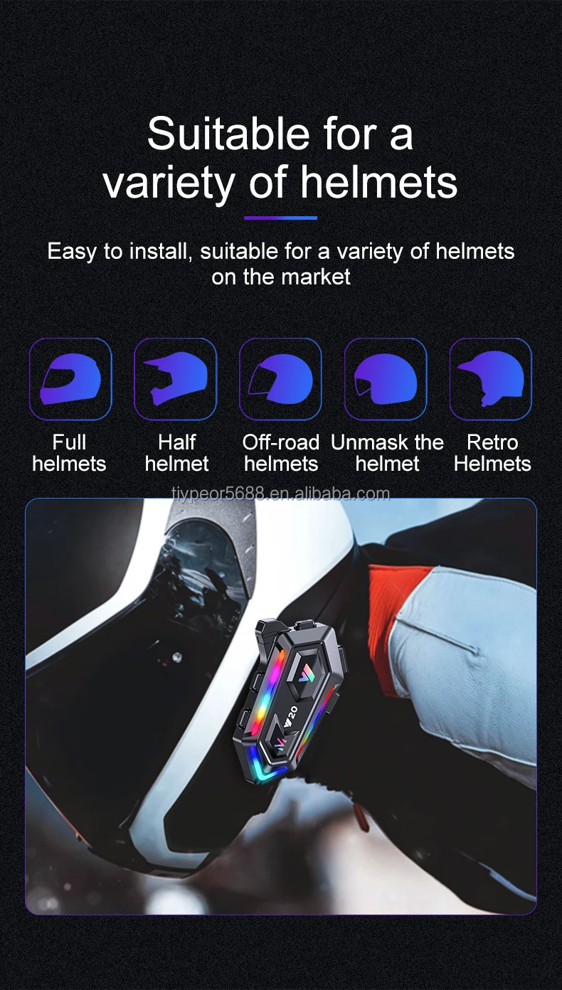 product tiypeor motorcycle helmet bt headset rider rgb colorful lights waterproof 1000mah music player communicator speakers-10