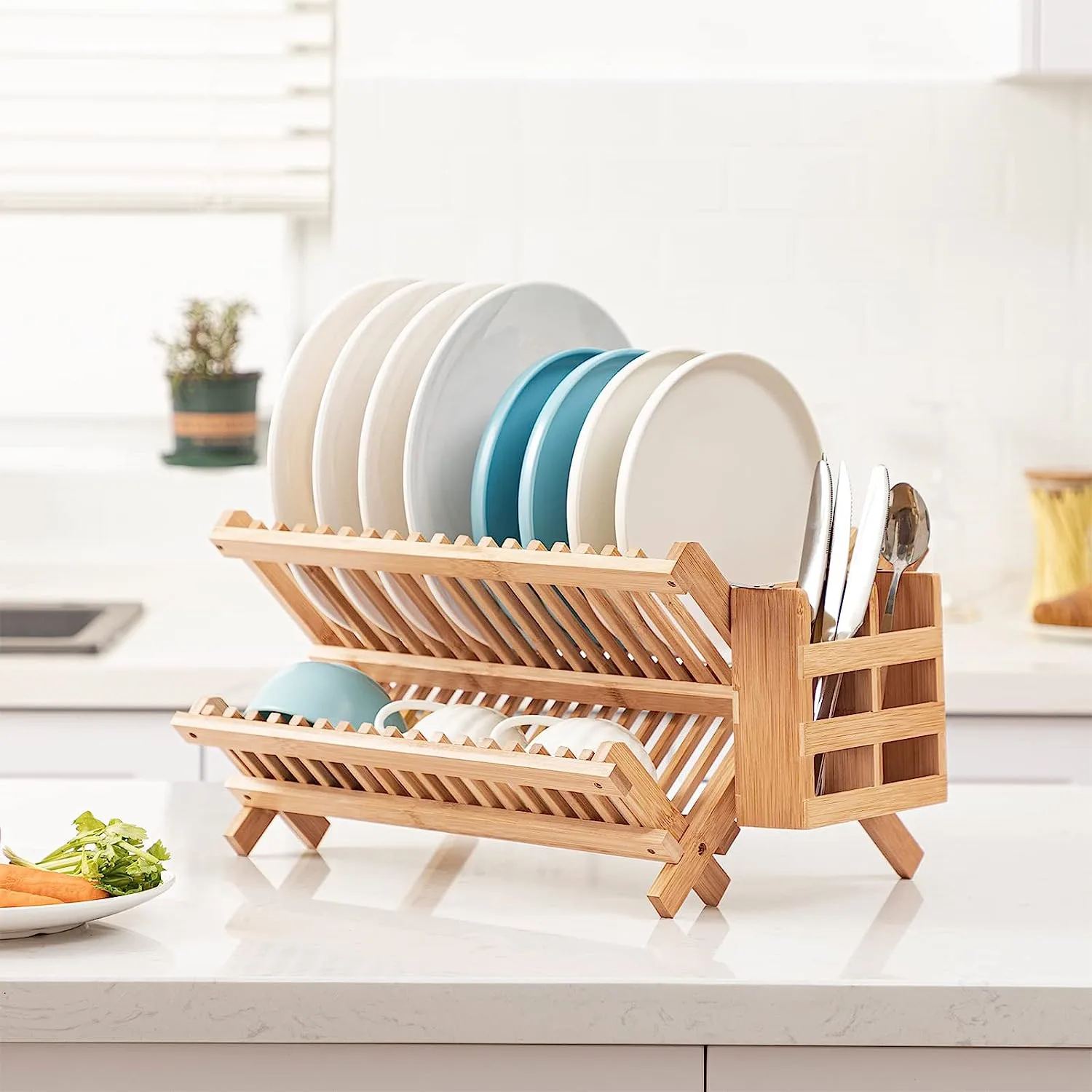 Kitchen Unique Bamboo Folding 2tier Collapsible Drainer Dish Drying