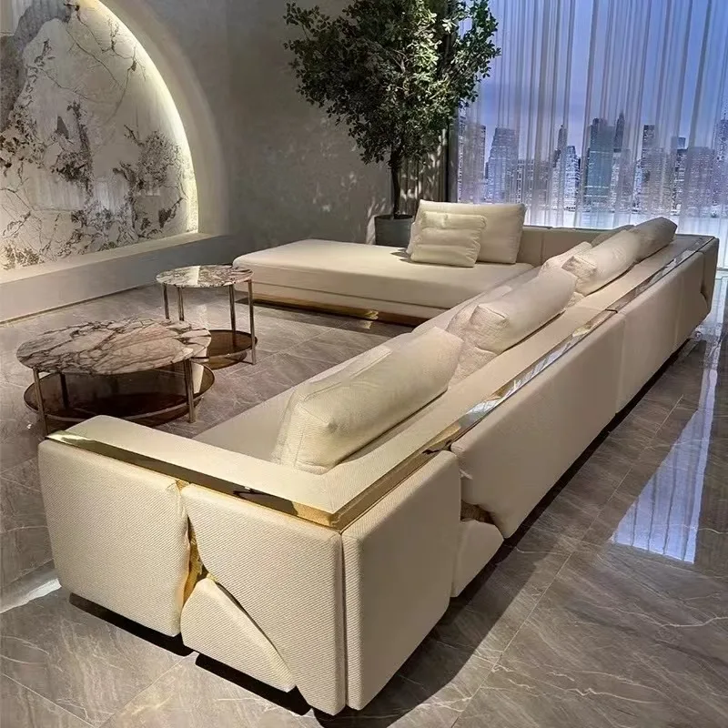 Italian Designer High-End Modern Fabric Gold Sofa Set Luxury Living Room Furniture for Home Villa or Apartment