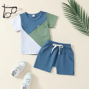 Wholesale 2pcs Casual Summer Clothing Sets for Baby Boys 0-3Yrs Printed White Tops and Checkered Shorts Clothes for Kids