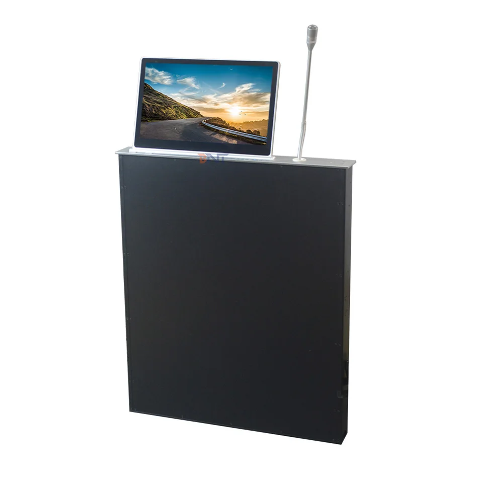 Build in Microphone Desk Hidden Pop up Lcd Monitor Lift Integrated Retractable 17.3" Screen With Name Display