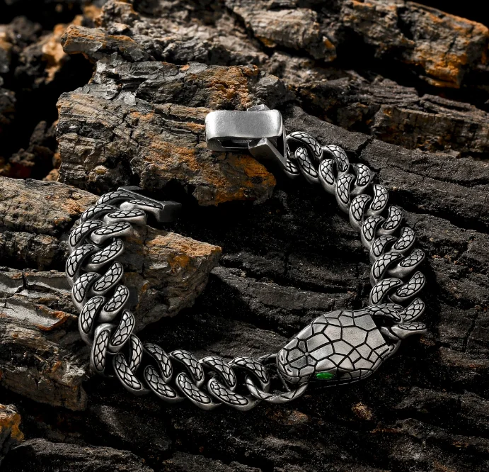 KRKC&CO Antique Silver Plated Snake Bracelet - Cuban Link