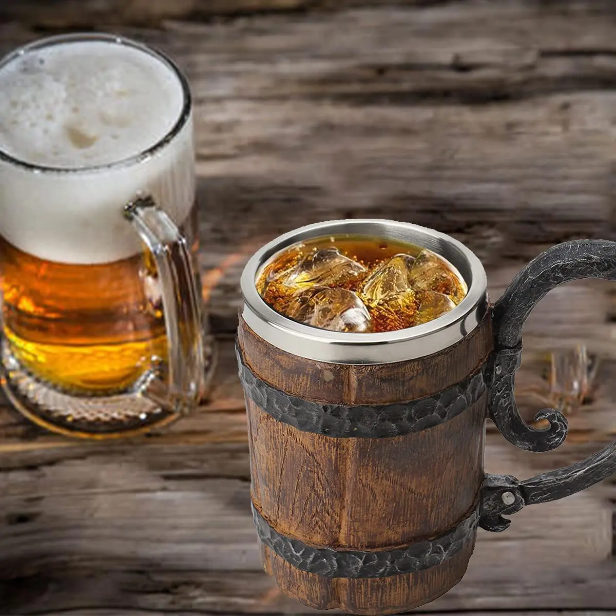 Boccale Da Birra Personalizzabile In Acciaio Inossidabile, Bicchiere Termico Isolato Con Manico In Pelle, Effetto Botte In Legno, Grande Capacità - 2