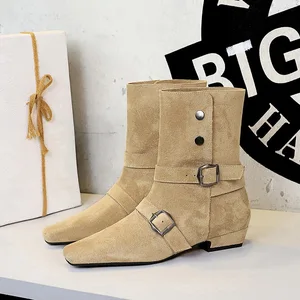 Winter Western Middle Boots Retro Square Head Belt Buckle Thick Heel Suede Rubber Outsole Height Increasing Children