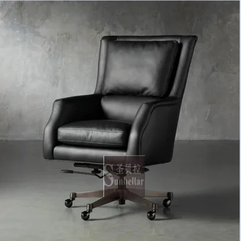 Alternative view of Retro Vintage Dark Genuine Leather Desk Chair Swivel Executive Leather Chair Home Office Furniture boss Chair