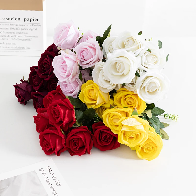 Red Velvet Artificial 7 Head Real Touch Rose Wholesale Wedding Shooting ...