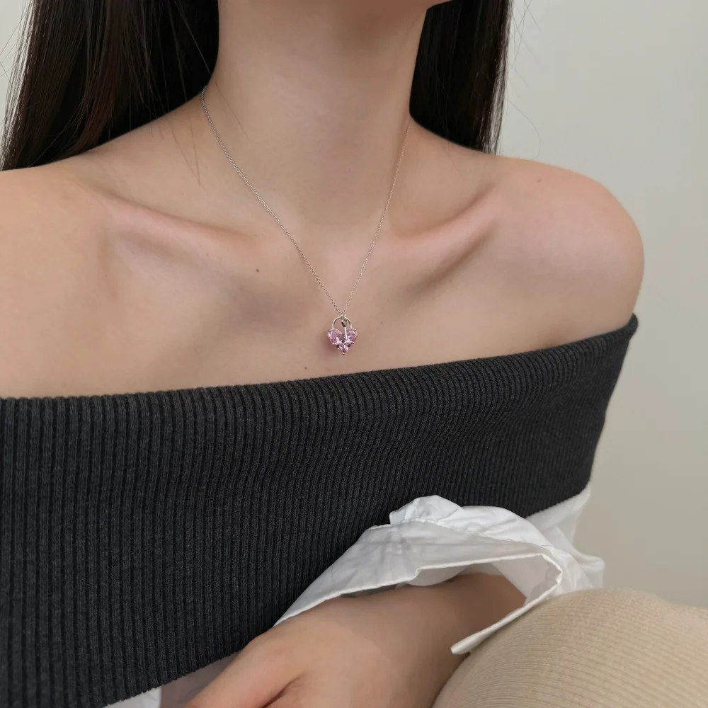 KAKODIY Cute New Design Women's Dress Up Jewelry 925 Sterling Silver Chain Pink 2ct 5A Cubic Zirconia Heart Shape Key Pendant Necklace Jewelry detail 1
