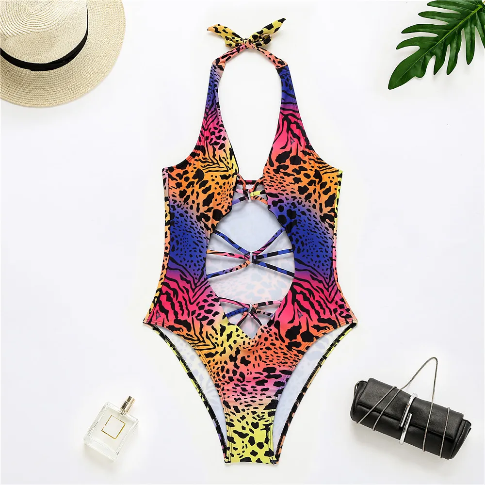 Hollow Out Girl Sexy One-piece Bikini African Leopard Print Fabric ...