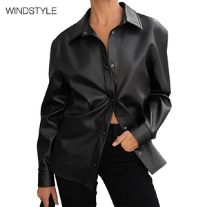OEM/ODM  New Design Black Loose Leather Coat Jacket Breathable PU Woven Fabric Casual Outerwear with Button