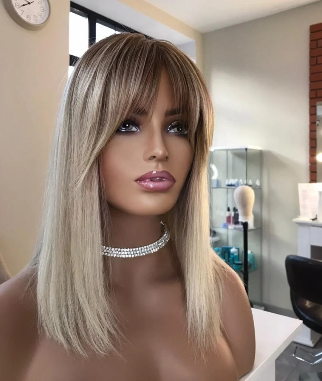 Fringe European Hair Platinum Blonde Color Straight Bob display picture 1