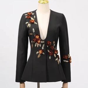 High Fashion Exquisite Black Blazer3D Floral Embroidery Elegant Deep - V Black Blazer Embroidered with Realistic Roses