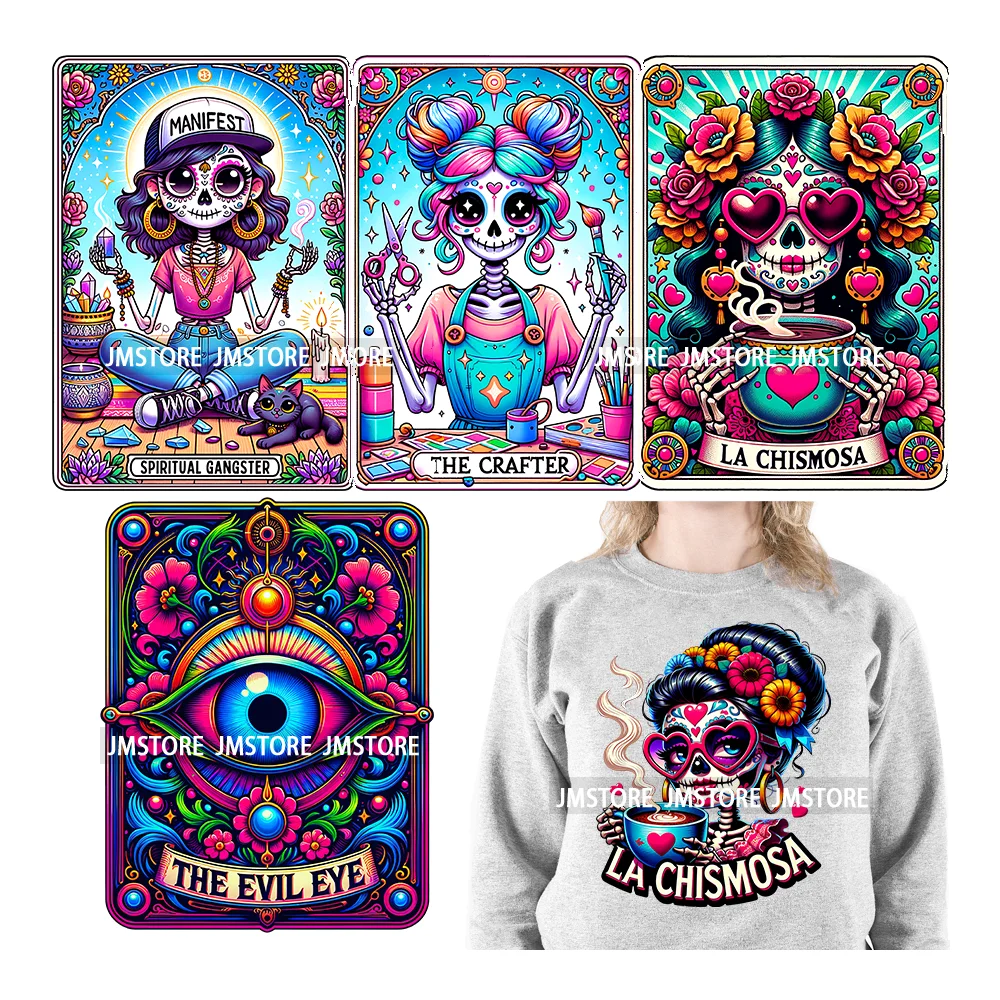 Funny Mexican Evil Eye Chismosa La Chigona Latina Skeleton Tarot Card Logos  Iron on DTF Heat Press Transfer Stickers for Clothes, image size:1000x1000
