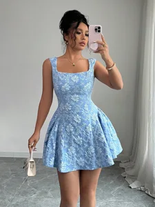 DM Dress Manufacturer Summer Sweet Square Collar Sleeveless Waist Slim Mini Dress Fashion Elegant Plant Flowers Pattern Vestidos