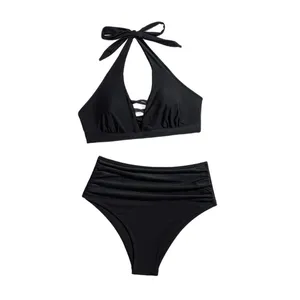 Solid Color Chinlon High Waist Ruched Cut Eco-friendly 2-Piece Set Ladies No Steel Ring Bandeau Halter Style Bikinis Beachwear