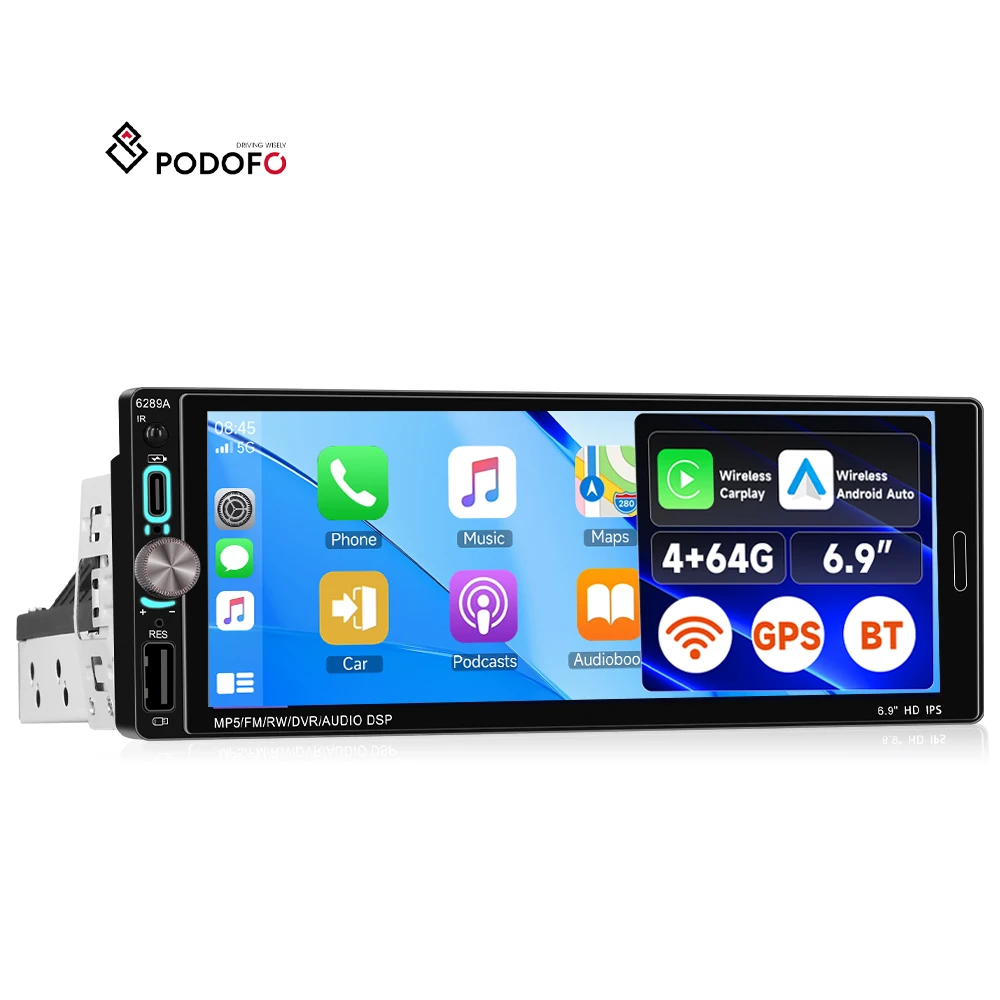 Podofo 6.9-inch 4+64G 1Din Android Car Radio Wireless Carplay/Android Auto GPS WiFi BT USB IPS Display Split Screen Knob Control A4505